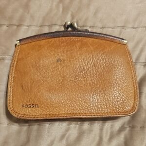 Fossil Tan and Dark Brown Leather Kiss-Lock Coin Purse